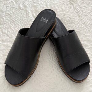 Eileen Fisher Koha Tumbled Black Leather Wedge Sandal Slide Women’s Size 9